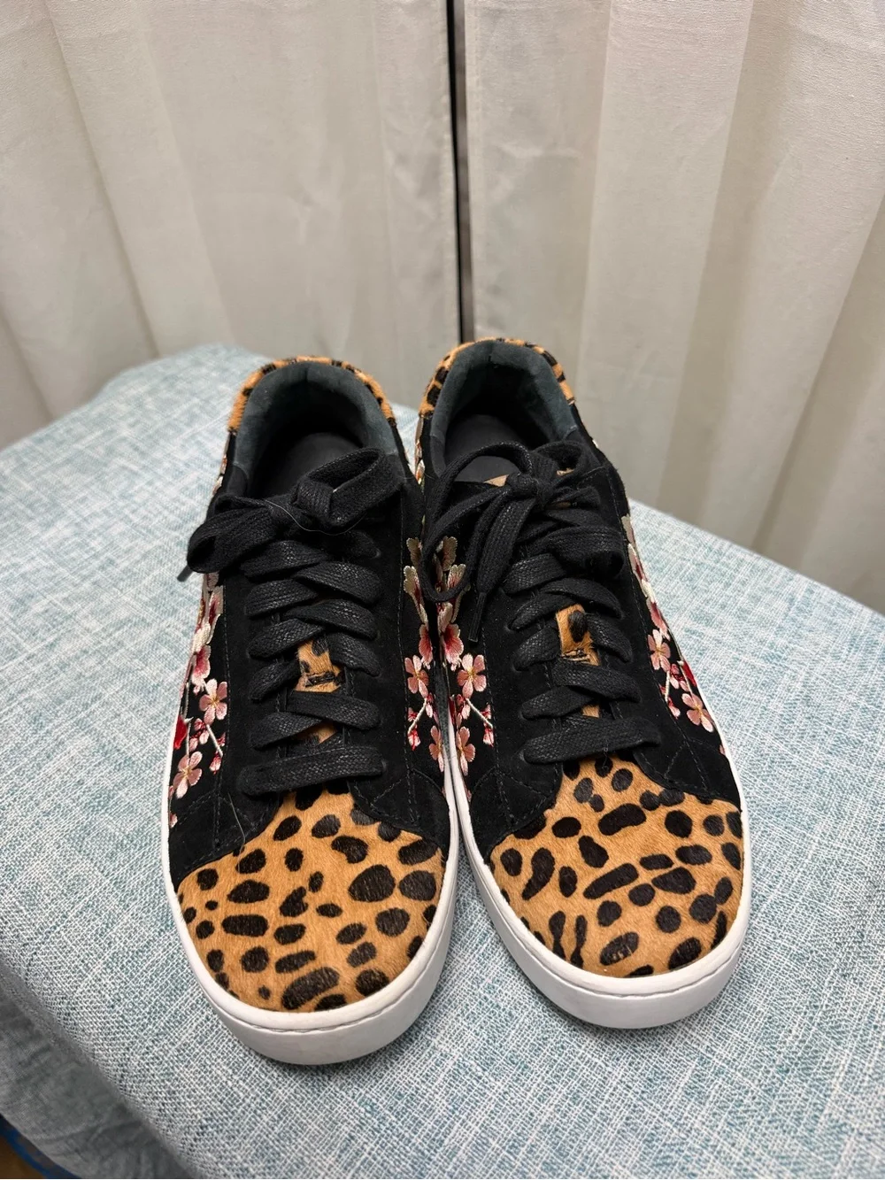 Johnny Was Black Sneakers with Leopard Toe and Pink Floral Embroidery